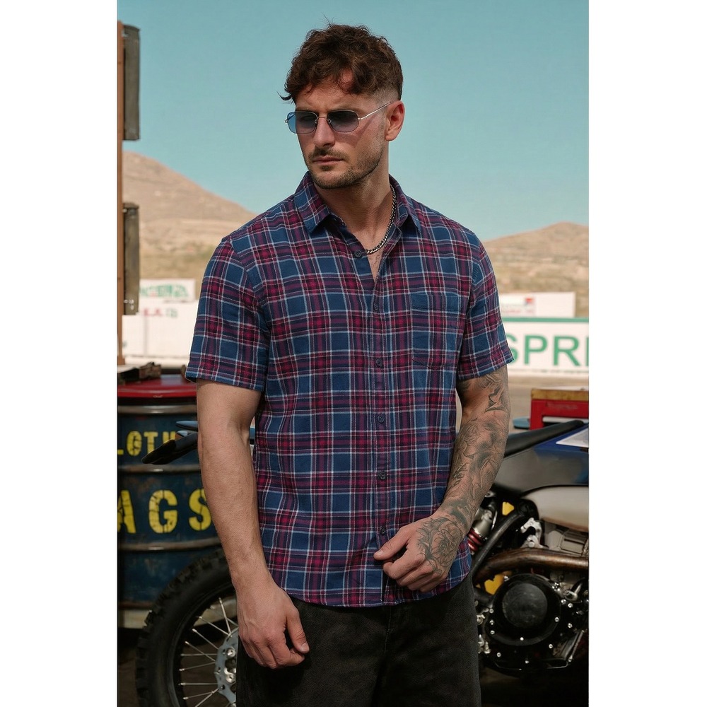 PacSun Los Angeles Men's Longer Fit L Plaid Short Sleeve Button Up Shirt Blue